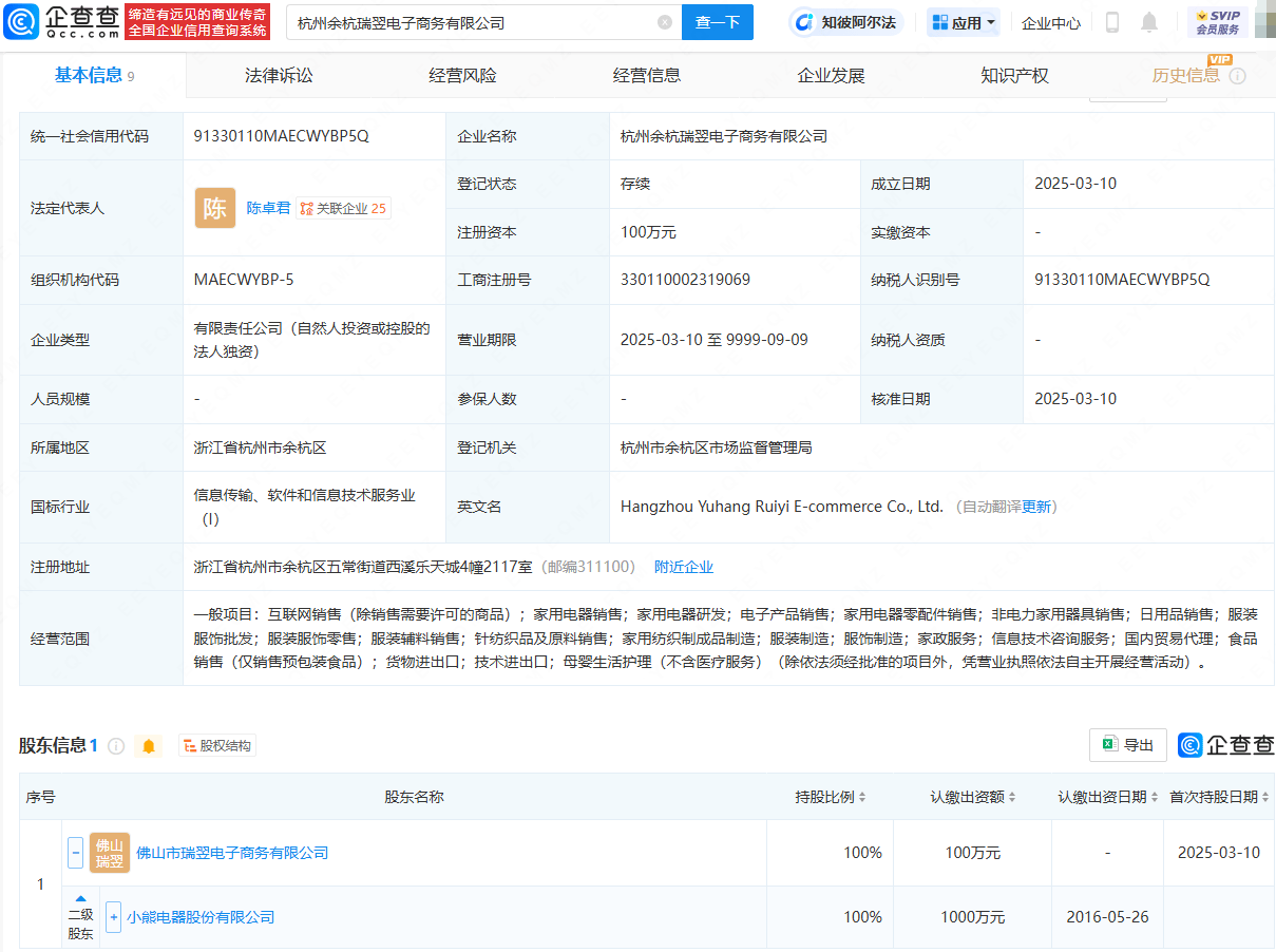 小熊电器在杭州成立电子商务公司