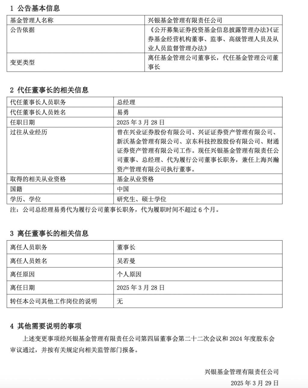 兴银基金董事长更迭，行业格局或受影响