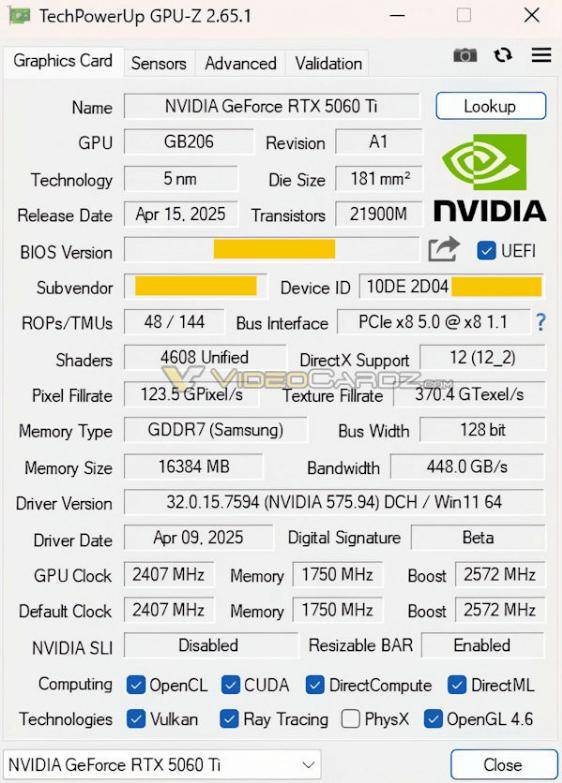英伟达 RTX 5060 Ti 显卡完整规格曝光：16GB 显存，180W TDP