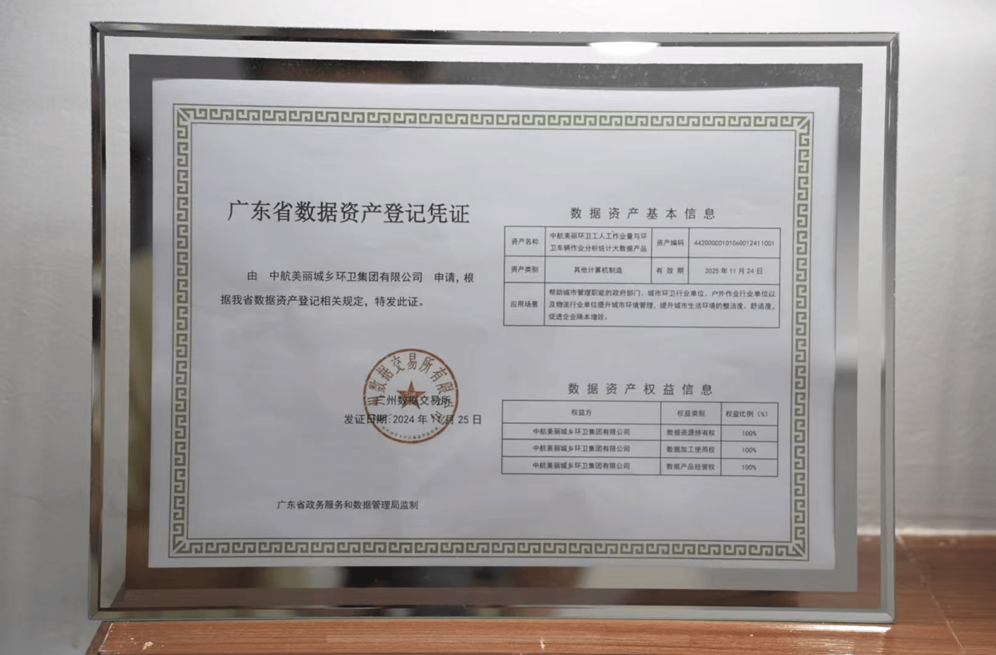 中航美丽的《广东省数据资产登记凭证》记者在中航美丽的《广东省数据资