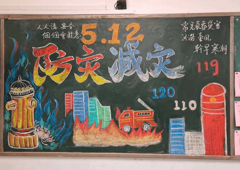 各班以"防灾减灾"为主题绘制黑板报,用生动插画与简洁文字呈现应急