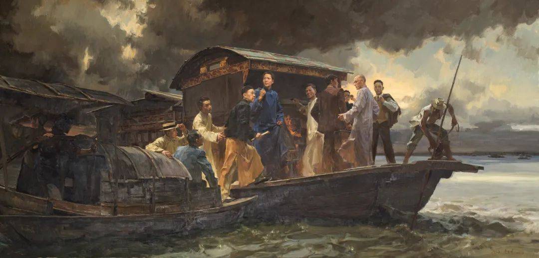 南湖革命纪念馆馆藏的何红舟,黄发祥《启航》,张铁拓《沪上七君子》