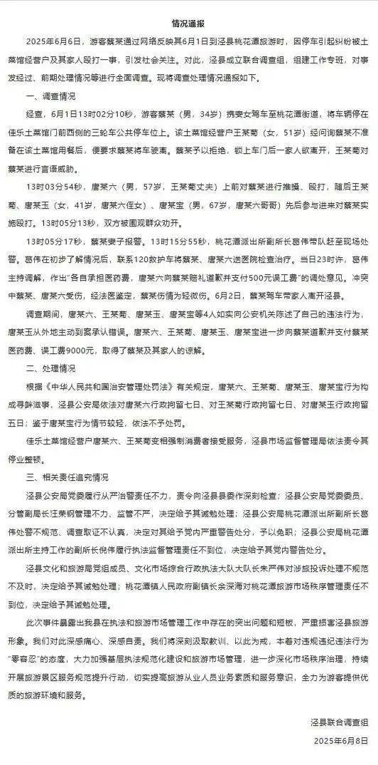 游客被打事件泾县警方多人被追责，副所长拉偏架被免职不冤！
