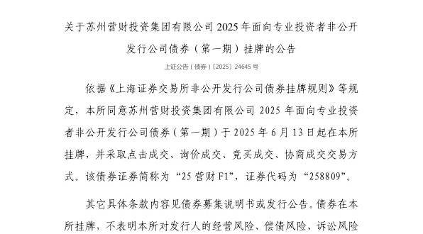 上交所：苏州营财投资集团有限公司债券6月13日挂牌，代码258809