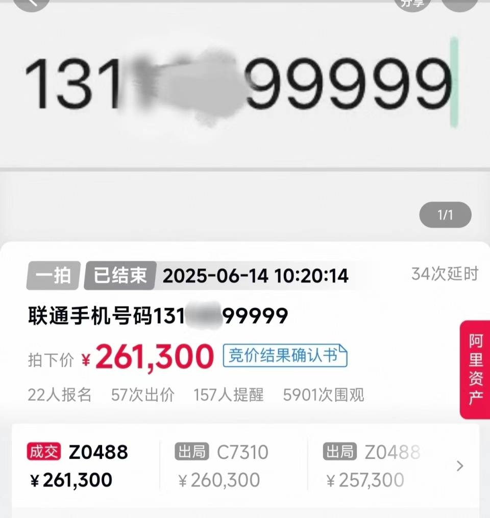尾号99999手机号拍出26.13万元	，溢价率超160%
