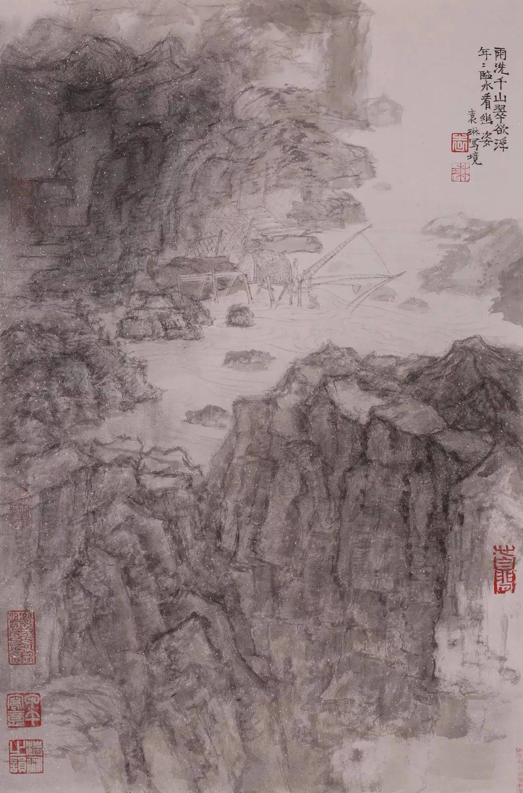他综合运用了披麻皴雨点皴卷云皴解索皴牛毛皴大斧劈皴小斧劈皴