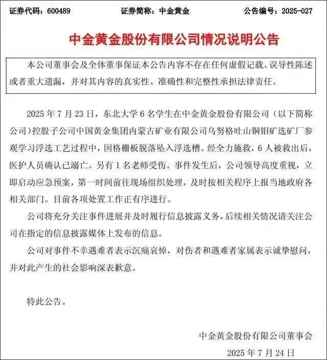 6名大学生坠落浮选槽溺亡，中金黄金盘中跌超7%