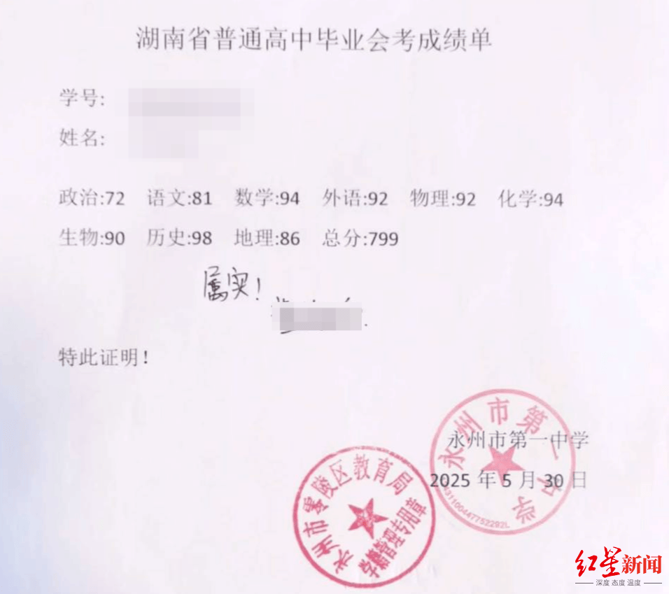 市第一中学联合出具的李女士的毕业会考成绩单因工作及提升学历需要
