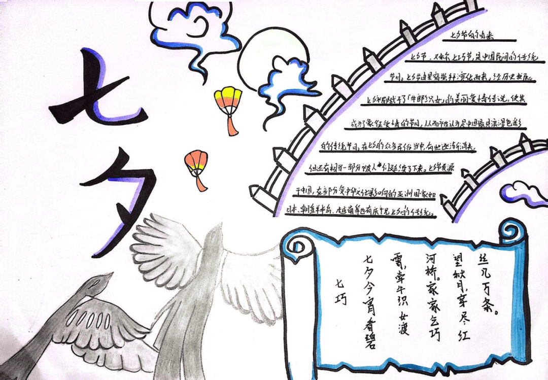 手抄报,绘画与书法作品成为同学们诠释七夕的生动载体