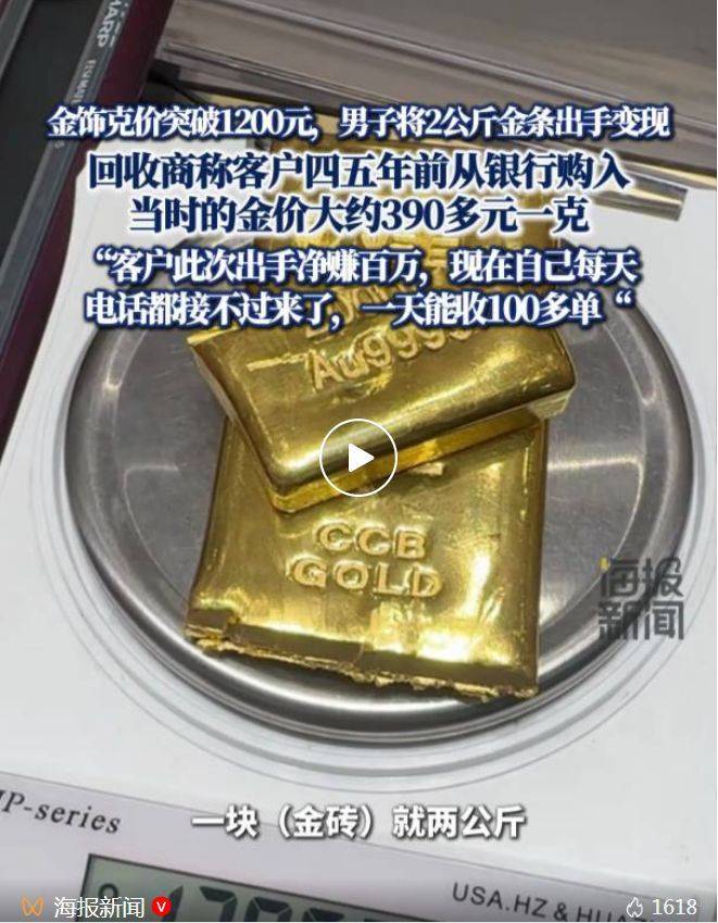 涨疯了！金价突破4200美元大关，国内金饰克价上破1235元！男子变现2公斤金条净赚100万元