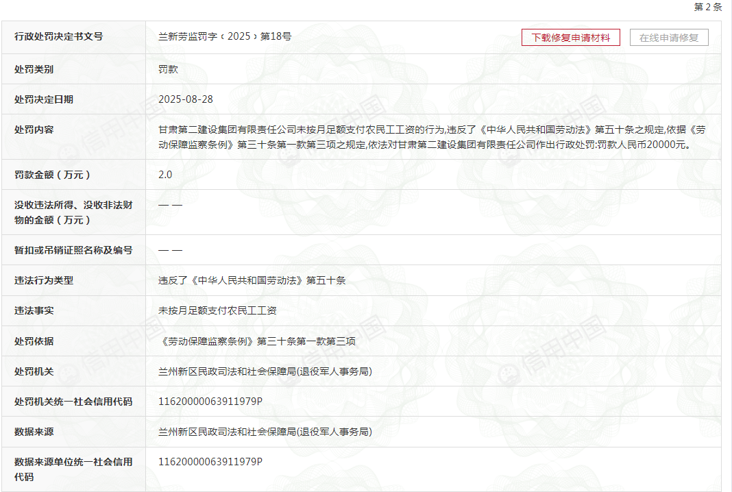 甘肃第二建设集团有限责任公司多次因拖欠农民工工资被罚 甘肃第二建设集团有限责任公司多次因拖欠农民工工资被罚