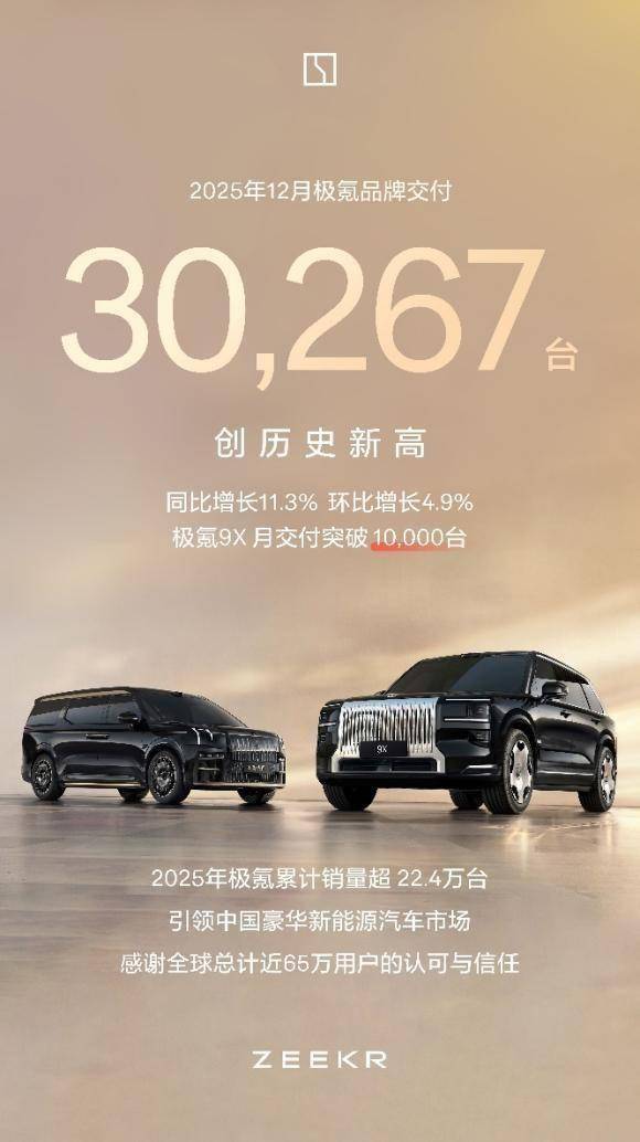 极氪12月交付超3万台，2025全年销量超22.4万台_搜狐汽车_搜狐网