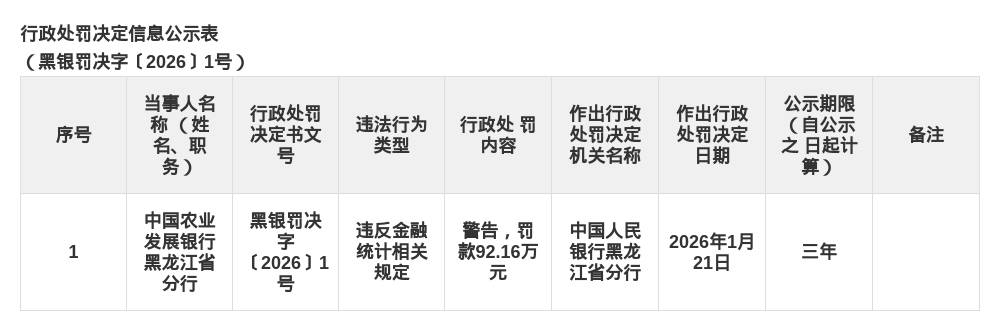农发行黑龙江省分行被罚92.16万，涉违反金融统计规定_违法_案由_违规