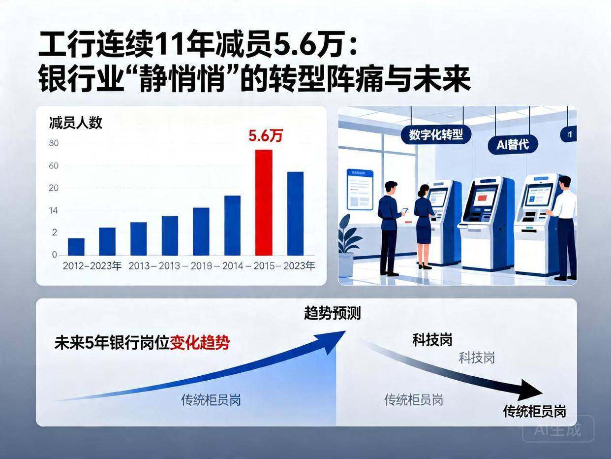 工商银行2025年的年报显示,员工总数比上一年少了五千四百多人。这已经是连续第十一年人员缩减了。十一年加起来,总共减少了近五万六千名员工,相当 ...