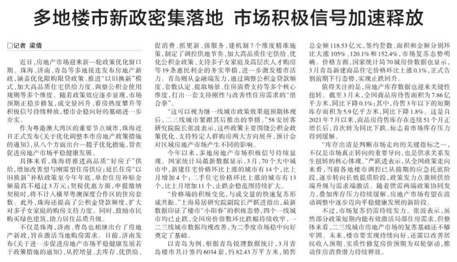 多地楼市新政密集落地 市场积极信号加速释放_政策_库存_城市
