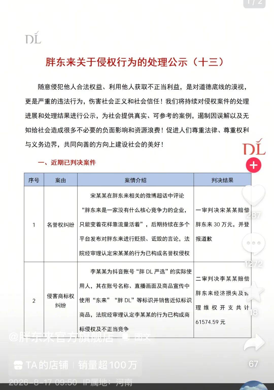 胖东来公布多起维权案件：宋某某贬损胖东来被判赔30万、李某某用“东来”标赔超6万元