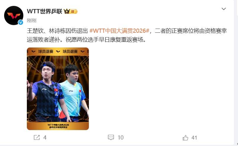 王楚钦、林诗栋，退出比赛！