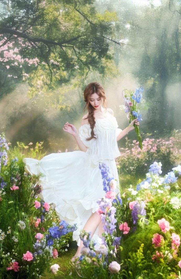 徐艺洋穿白裙与花海合照 光影衬出灵动氛围感